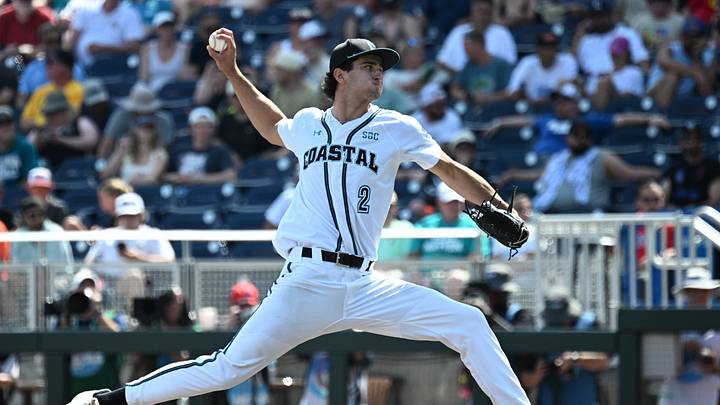 Jun 13, 2025; Omaha, Neb, USA; Coastal Carolina Chanticleers pitcher Cameron Flukey (2) throws against the Arizona Wildcats during the ninth inning at Charles Schwab Field. Mandatory Credit: Steven Branscombe-Imagn Images Jun 13, 2025; Omaha, Neb, USA; Coastal Carolina Chanticleers pitcher Cameron Flukey (2) throws against the Arizona Wildcats during the ninth inning at Charles Schwab Field. Mandatory Credit: Steven Branscombe-Imagn Images