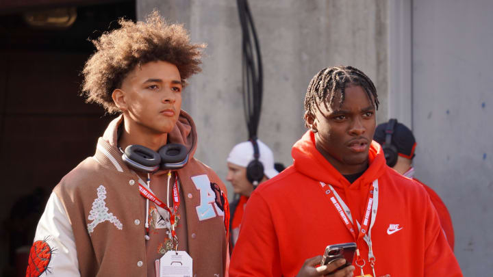Recruits Dia Bell and Byron Louis watch Ohio State warm up before playing Penn State Oct. 21, 2023 at Ohio Stadium. Recruits Dia Bell and Byron Louis watch Ohio State warm up before playing Penn State Oct. 21, 2023 at Ohio Stadium.