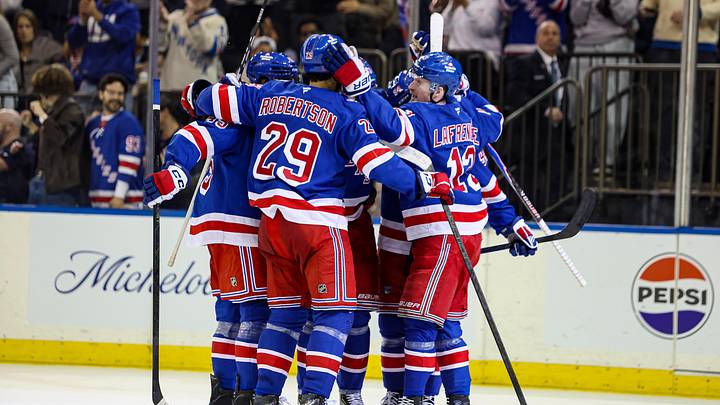 Apr 4, 2026; New York, New York, USA; New York Rangers right wing Gabe Perreault (94) celebrates his goal against the Detroit Red Wings during the second period at Madison Square Garden. 