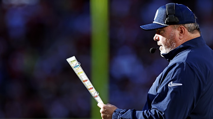 Nov 24, 2024; Landover, Maryland, USA; Dallas Cowboys head coach Mike McCarthy looks on from the sideline during the second quarter of the game against the Washington Commanders at Northwest Stadium. Mandatory Credit: Peter Casey-Imagn Images