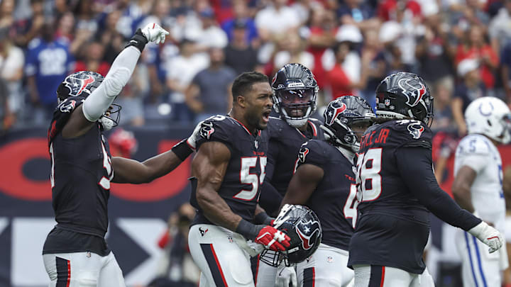 Oct 27, 2024; Houston, Texas, USA; Houston Texans defensive end Danielle Hunter (55) celebrates with teammates after getting a sack late in the fourth quarter against the Indianapolis Colts at NRG Stadium. Mandatory Credit: Troy Taormina-Imagn Images