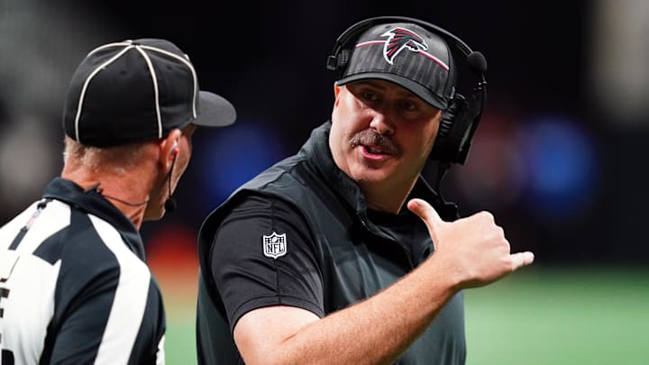 Aug 18, 2023; Atlanta, Georgia, USA; Atlanta Falcons Arthur Smith questions a call along the