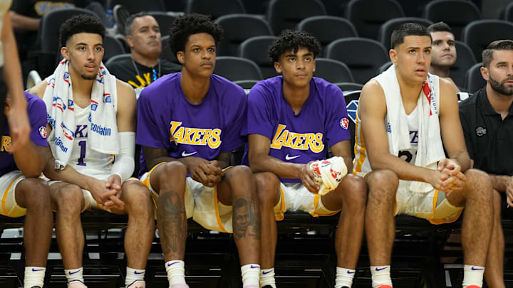 Jul 5, 2022; San Francisco, CA, USA; Los Angeles Lakers guard Scotty Pippen Jr. (1) sits on the bench with forward Shareef ONeal (45) and guard Max Christie (10) and forward Cole Swider (21) during the fourth quarter against the Sacramento Kings at the California Summer League at Chase Center. Mandatory Credit: Darren Yamashita-Imagn Images