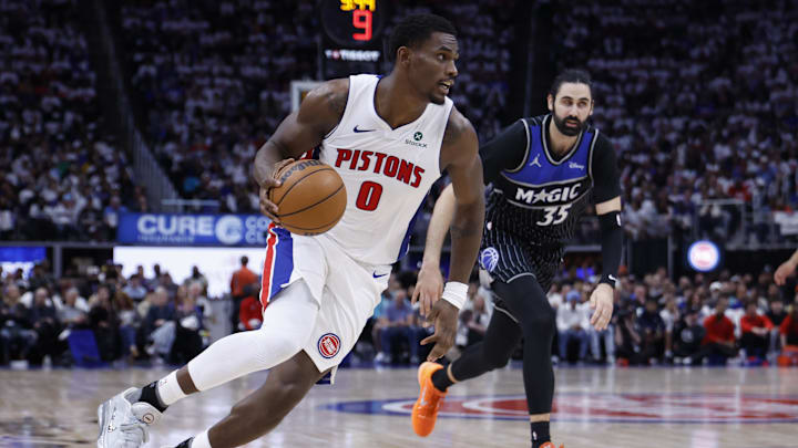 Apr 22, 2026; Detroit, Michigan, USA; Detroit Pistons center Jalen Duren (0) dribbles on Orlando Magic center Goga Bitadze (35) in the second half during game two of the first round of the 2026 NBA Playoffs at Little Caesars Arena. Mandatory Credit: Rick Osentoski-Imagn Images