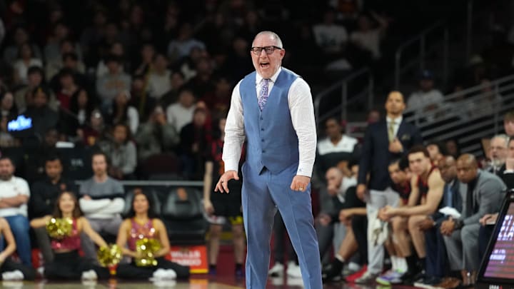 Jan 13, 2026; Los Angeles, California, USA; Maryland Terrapins head coach Buzz Williams reacts against the Southern California Trojans in the second half at Galen Center. Mandatory Credit: Kirby Lee-Imagn Images