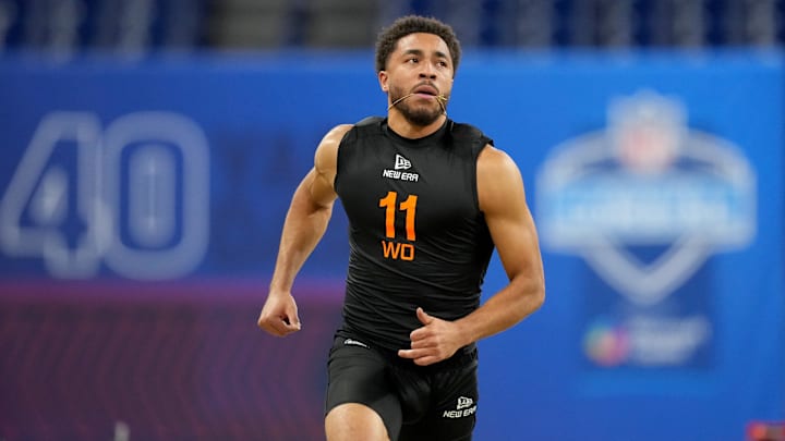 Florida wideout Chimere Dike during the NFL Combine at Lucas Oil Stadium. Mandatory Credit: Kirby Lee-Imagn Images