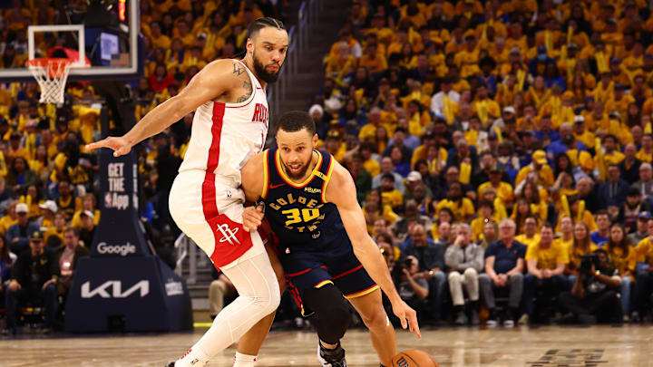 Apr 28, 2025; San Francisco, California, USA; Golden State Warriors guard Stephen Curry (30) drives in against Houston Rockets forward/guard Dillon Brooks (9) during the third quarter of game four of the 2025 NBA Playoffs first round at Chase Center. Mandatory Credit: Kelley L Cox-Imagn Images Apr 28, 2025; San Francisco, California, USA; Golden State Warriors guard Stephen Curry (30) drives in against Houston Rockets forward/guard Dillon Brooks (9) during the third quarter of game four of the 2025 NBA Playoffs first round at Chase Center. Mandatory Credit: Kelley L Cox-Imagn Images