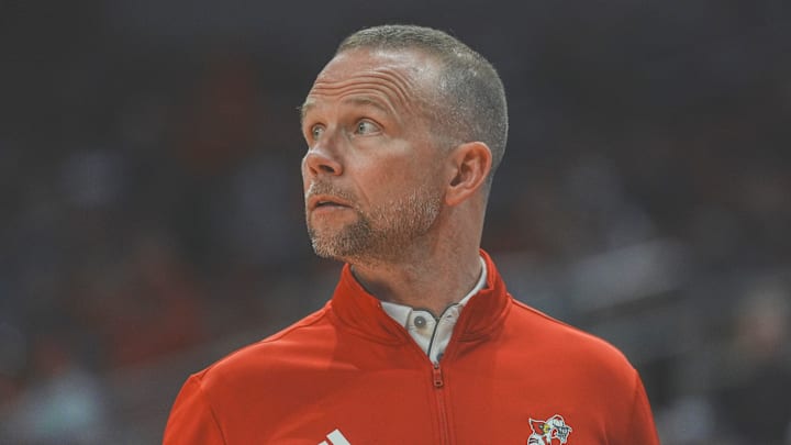Louisville men's basketball coach Pat Kelsey works the sidelines during the team's first exhibition game at the KFC Yum! Center in downtown Louisville, Ky. Oct. 21, 2024.