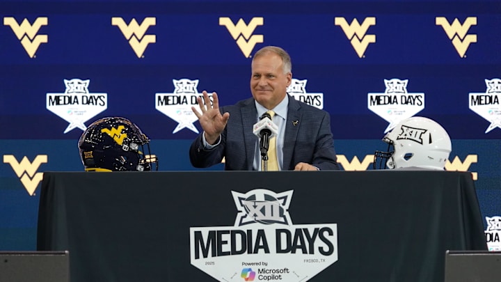Jul 9, 2025; Frisco, TX, USA; West Virginia head coach Rich Rodriguez speaks with the media during 2025 Big 12 Football Media Days at The Star. Mandatory Credit: Raymond Carlin III-Imagn Images