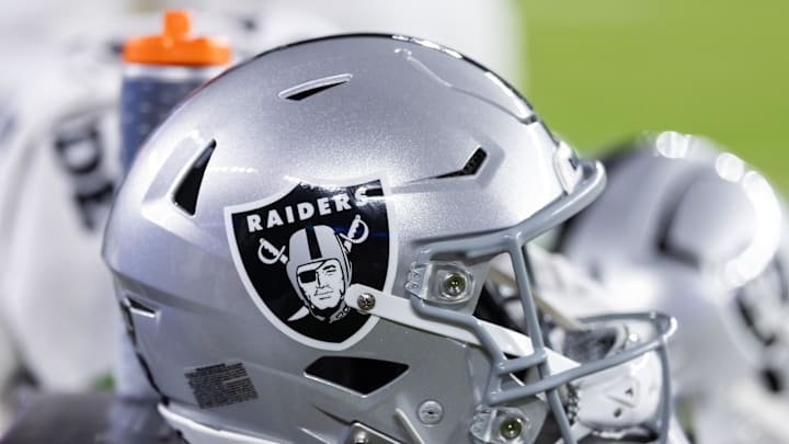 Aug 23, 2025; Glendale, Arizona, USA; Detailed view of a Las Vegas Raiders helmet during a preseason NFL game at State Farm Stadium. Mandatory Credit: Mark J. Rebilas-Imagn Images
