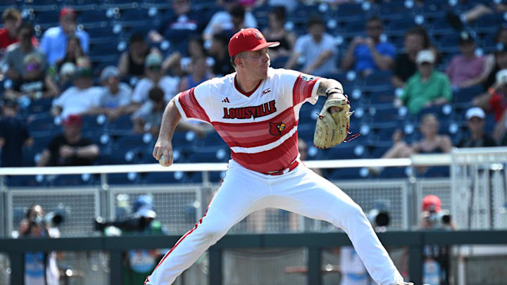 Jun 15, 2025; Omaha, Neb, USA; Louisville Cardinals relief pitcher Tucker Biven throws against the Arizona Wildcats during the ninth inning at Charles Schwab Field. Mandatory Credit: Steven Branscombe-Imagn Images Jun 15, 2025; Omaha, Neb, USA; Louisville Cardinals relief pitcher Tucker Biven throws against the Arizona Wildcats during the ninth inning at Charles Schwab Field. Mandatory Credit: Steven Branscombe-Imagn Images