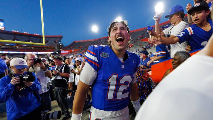 Sep 26, 2026; Gainesville, Florida, USA; Florida Gators quarterback Aaron Philo (12) celebrates while going to the locker room after a game against the Mississippi Rebels at Ben Hill Griffin Stadium. Mandatory Credit: Matt Pendleton-Imagn Images Sep 26, 2026; Gainesville, Florida, USA; Florida Gators quarterback Aaron Philo (12) celebrates while going to the locker room after a game against the Mississippi Rebels at Ben Hill Griffin Stadium. Mandatory Credit: Matt Pendleton-Imagn Images