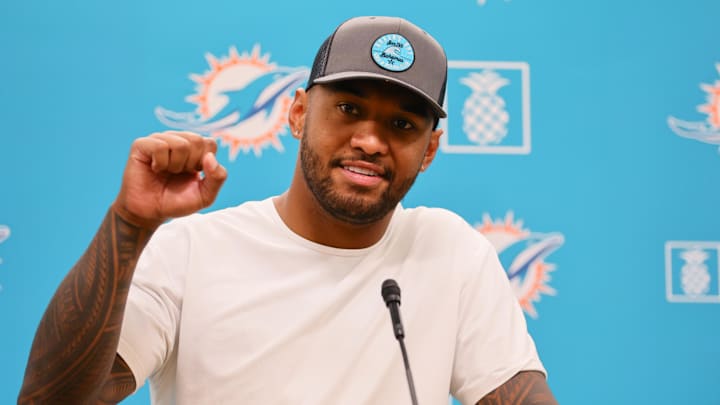 Jul 28, 2024; Miami Gardens, FL, USA; Miami Dolphins quarterback Tua Tagovailoa (1) talks to reporters during a press conference after training camp at Baptist Health Training Complex. Mandatory Credit: Sam Navarro-USA TODAY Sports