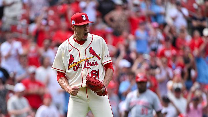 Jun 6, 2026; St. Louis, Missouri, USA; St. Louis Cardinals pitcher Riley O'Brien (61) celebrates after closing out the ninth inning against the Cincinnati Reds at Busch Stadium. Mandatory Credit: Jeff Curry-Imagn Images