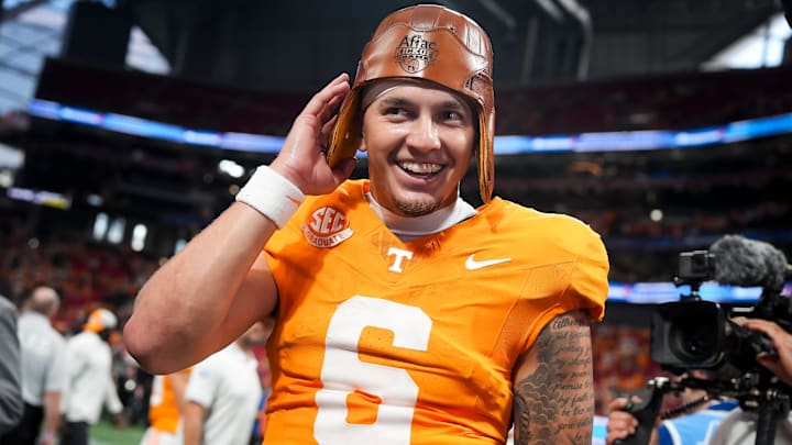 Tennessee quarterback Joey Aguilar (6) puts on the Old Leather Hat after the Aflac Kickoff Game between the Volunteers and Syracuse held at Mercedes-Benz Stadium in Atlanta, Ga., on August 30, 2025.