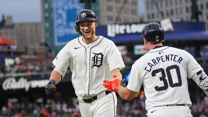 Detroit Tigers center fielder Parker Meadows (22) celebrates his homer with Detroit Tigers designated hitter Kerry Carpenter (30). Detroit Tigers center fielder Parker Meadows (22) celebrates his homer with Detroit Tigers designated hitter Kerry Carpenter (30).