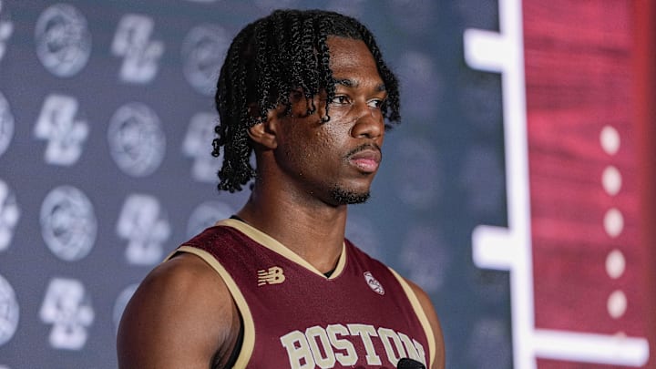 Oct 10, 2024; Charlotte, NC, USA; Boston College player Donald Hand Jr. answers questions from the media at The Hilton Charlotte Uptown. Mandatory Credit: Jim Dedmon-Imagn Images