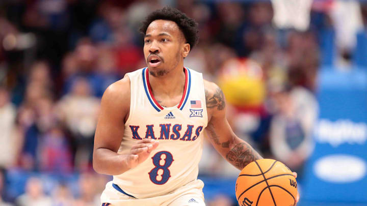 Kansas Jayhawks guard David Coit (8) looks for an open pass against Arizona State Sun Devils in the second half of the game inside Allen Fieldhouse Wednesday, Jan. 8, 2025.