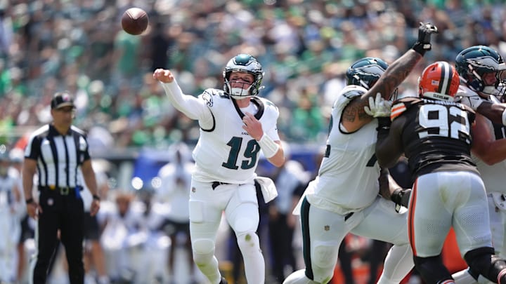 Aug 16, 2025; Philadelphia, Pennsylvania, USA; Philadelphia Eagles quarterback Kyle McCord (19) throw a pass against the Cleveland Browns in the first half at Lincoln Financial Field. Mandatory Credit: Kyle Ross-Imagn Images