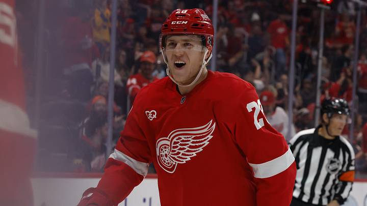 Oct 13, 2026; Detroit, Michigan, USA; Detroit Red Wings right wing Michael Brandsegg-Nygard (28) celebrates after a goal in the second period against the New Jersey Devils at Little Caesars Arena. Mandatory Credit: Rick Osentoski-Imagn Images Oct 13, 2026; Detroit, Michigan, USA; Detroit Red Wings right wing Michael Brandsegg-Nygard (28) celebrates after a goal in the second period against the New Jersey Devils at Little Caesars Arena. Mandatory Credit: Rick Osentoski-Imagn Images