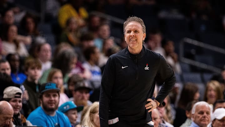 Mar 1, 2025; Charlotte, North Carolina, USA; Washington Wizards head coach Brian Keefe looks on during the second quarter against the Charlotte Hornets at Spectrum Center. Mandatory Credit: Scott Kinser-Imagn Images