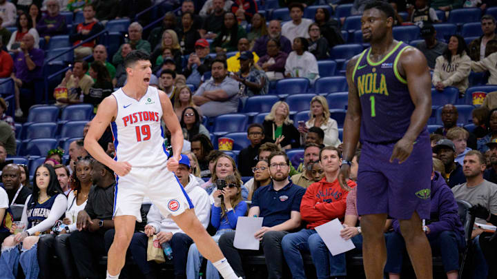 Mar 17, 2025; New Orleans, Louisiana, USA; Detroit Pistons forward Simone Fontecchio (19) reacts next to New Orleans Pelicans forward Zion Williamson (1) during the first half at Smoothie King Center. Mandatory Credit: Matthew Hinton-Imagn Images Mar 17, 2025; New Orleans, Louisiana, USA; Detroit Pistons forward Simone Fontecchio (19) reacts next to New Orleans Pelicans forward Zion Williamson (1) during the first half at Smoothie King Center. Mandatory Credit: Matthew Hinton-Imagn Images