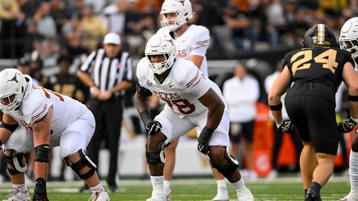 Oct 26, 2024; Nashville, Tennessee, USA;  Texas Longhorns offensive lineman Kelvin Banks Jr. (78) against the Vanderbilt Commodores during the first half at FirstBank Stadium. Mandatory Credit: Steve Roberts-Imagn Images