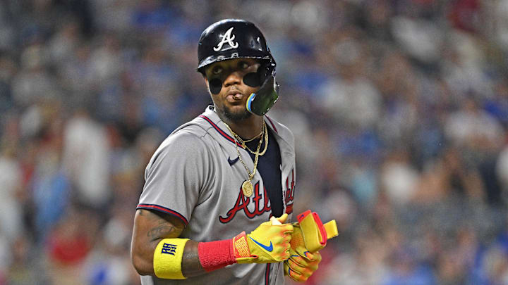 Jul 28, 2025; Kansas City, Missouri, USA;  Atlanta Braves right fielder Ronald Acuna Jr. (13) looks toward the Kansas City Royals dugout after getting walked in the ninth inning at Kauffman Stadium. Mandatory Credit: Peter Aiken-Imagn Images