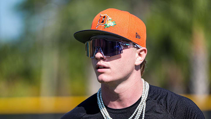 Detroit Tigers outfielder Max Clark practices during spring training at TigerTown in Lakeland, Fla. on Friday, Feb. 13, 2026.