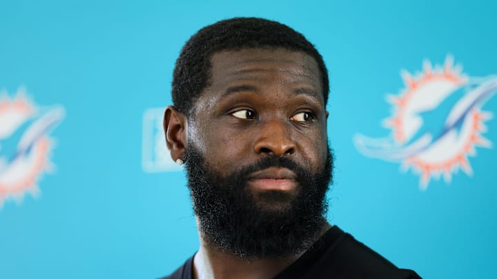 Aug 15, 2024; Miami Gardens, FL, USA; Miami Dolphins offensive tackle Terron Armstead (72) talks to reporters after joint practice with the Washington Commanders at Baptist Health Training Complex. 