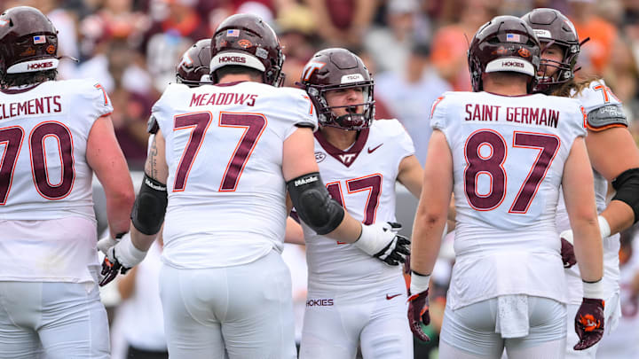 Aug 31, 2024; Nashville, Tennessee, USA;  Virginia Tech Hokies place kicker John Love (17) celebrates the made field goal against the Vanderbilt Commodores during the first half at FirstBank Stadium. Mandatory Credit: Steve Roberts-Imagn Images