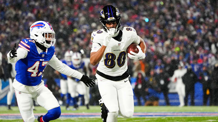 Baltimore Ravens tight end Isaiah Likely makes a catch during the first quarter against the Buffalo Bills. Mandatory Credit: Gregory Fisher-Imagn Images