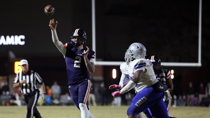 Nashville Christian's Jared Curtis (2) throws the ball past Jackson Christian's Jeremiah Jenkins (79) during their game at Nashville Christian School Friday, Nov. 14, 2021. Nashville Christian's Jared Curtis (2) throws the ball past Jackson Christian's Jeremiah Jenkins (79) during their game at Nashville Christian School Friday, Nov. 14, 2021.