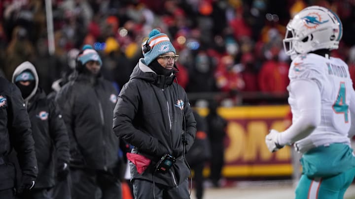 Jan 13, 2024; Kansas City, Missouri, USA; Miami Dolphins head coach Mike McDaniel watches game