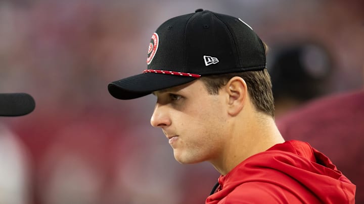 Jan 5, 2025; Glendale, Arizona, USA; San Francisco 49ers quarterback Brock Purdy against the Arizona Cardinals at State Farm Stadium. Mandatory Credit: Mark J. Rebilas-Imagn Images Jan 5, 2025; Glendale, Arizona, USA; San Francisco 49ers quarterback Brock Purdy against the Arizona Cardinals at State Farm Stadium. Mandatory Credit: Mark J. Rebilas-Imagn Images