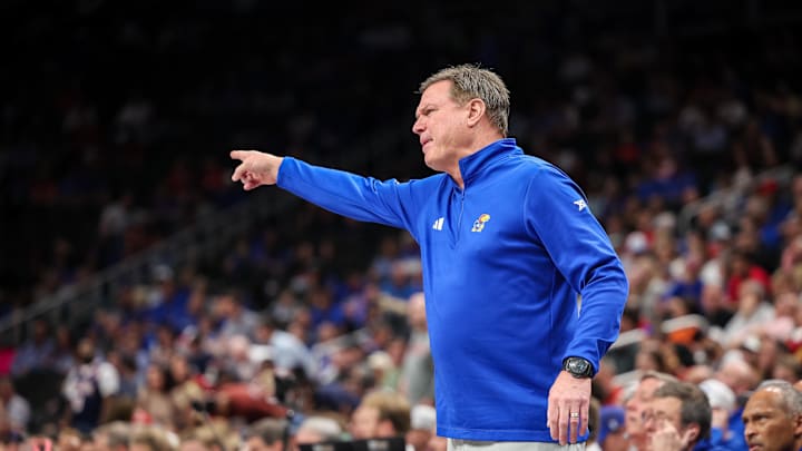 Mar 13, 2025; Kansas City, MO, USA; Kansas Jayhawks coach Bill Self reacts to game play during the second half against the Arizona Wildcats at T-Mobile Center. Mandatory Credit: William Purnell-Imagn Images