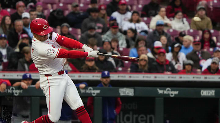 Reds Matt McLain (9) scores a homerun during their game against the Texas Rangers on Monday March 31, 2025 at Great American Ball Park.