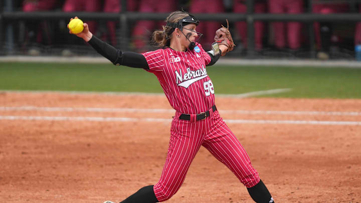 Nebraska's Jordyn Frahm (98) earned the win, 8-5, over first-ranked Texas on Saturday, Feb. 7, after throwing 4.0 innings, giving up three hits and striking out five. 