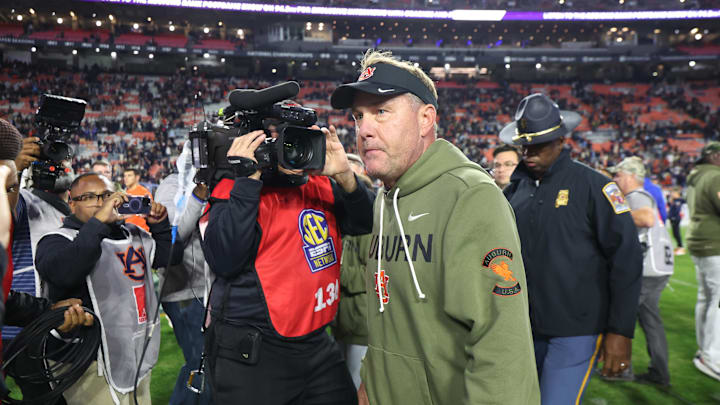Nov 1, 2025; Auburn, Alabama, USA;  Auburn Tigers head coach Hugh Freeze walks off the field after the Tigers lost to Kentucky Wildcats at Jordan-Hare Stadium. Mandatory Credit: John Reed-Imagn Images
