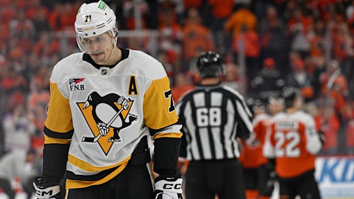 Apr 22, 2026; Philadelphia, Pennsylvania, USA; (Editors Notes: Caption Correction) Pittsburgh Penguins center Evgeni Malkin (71) skates off the ice after loss to the Philadelphia Flyers in game three of the first round of the 2026 Stanley Cup Playoffs at Xfinity Mobile Arena. Mandatory Credit: Eric Hartline-Imagn Images