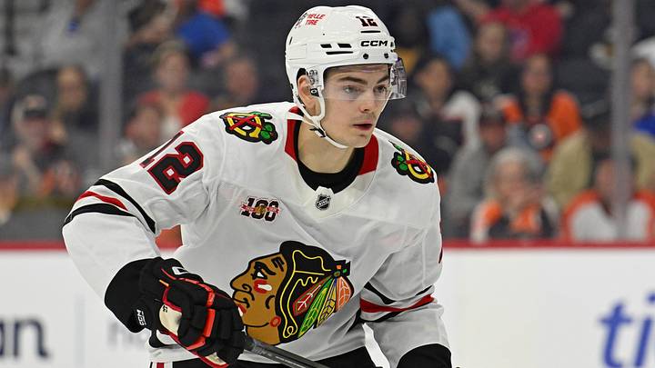 Mar 26, 2026; Philadelphia, Pennsylvania, USA; Chicago Blackhawks center Sacha Boisvert (12) against the Philadelphia Flyers during the second period at Xfinity Mobile Arena. Mandatory Credit: Eric Hartline-Imagn Images