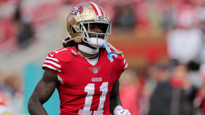 Dec 4, 2022; Santa Clara, California, USA; San Francisco 49ers wide receiver Brandon Aiyuk (11) before the game against the Miami Dolphins at Levi's Stadium. Mandatory Credit: Sergio Estrada-USA TODAY Sports