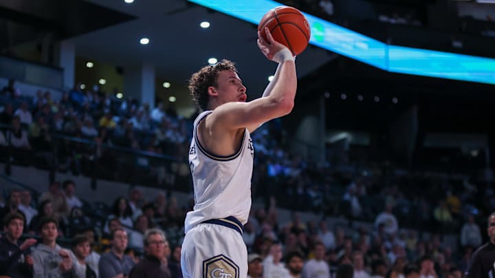 Feb 15, 2025; Atlanta, Georgia, USA; Georgia Tech Yellow Jackets guard Lance Terry (0) shoots against the California Golden Bears in the second half at McCamish Pavilion. Mandatory Credit: Brett Davis-Imagn Images