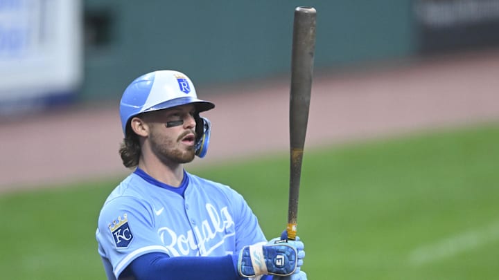 Sep 11, 2025; Cleveland, Ohio, USA; Kansas City Royals shortstop Bobby Witt Jr. (7) stands at the plate in the first inning against the Cleveland Guardians at Progressive Field. Mandatory Credit: David Richard-Imagn Images