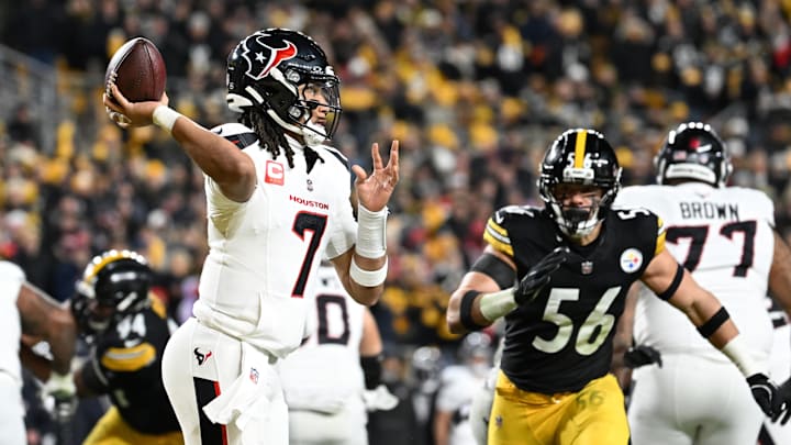 Jan 12, 2026; Pittsburgh, PA, USA; Houston Texans quarterback C.J. Stroud (7) throws in front of Pittsburgh Steelers linebacker Alex Highsmith (56) during the first half of an AFC Wild Card Round game at Acrisure Stadium. Mandatory Credit: Barry Reeger-Imagn Images