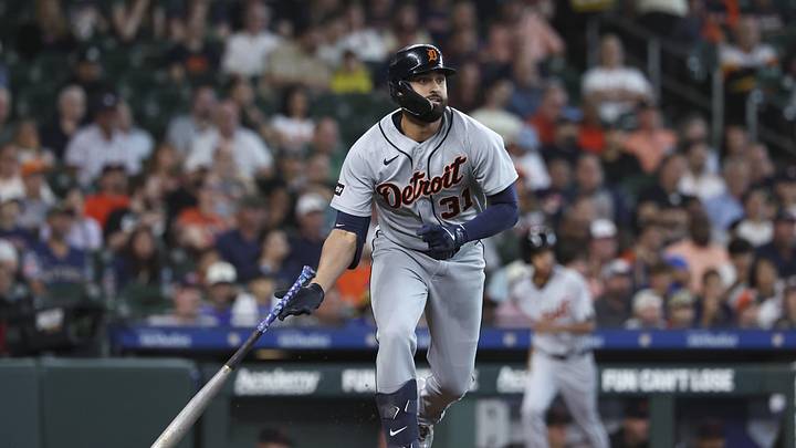 Detroit Tigers left fielder Riley Greene runs to first base on a single. Detroit Tigers left fielder Riley Greene runs to first base on a single.