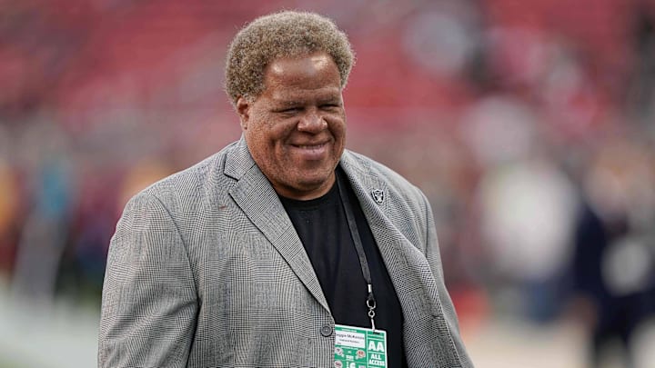 Nov 1, 2018; Santa Clara, CA, USA; Oakland Raiders general manager Reggie McKenzie smiles on the field before the game against the San Francisco 49ers at Levi's Stadium. Mandatory Credit: Stan Szeto-Imagn Images