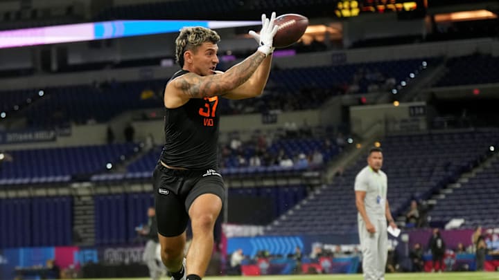 Miami wideout Xavier Restrepo during the NFL Combine at Lucas Oil Stadium. Mandatory Credit: Kirby Lee-Imagn Images