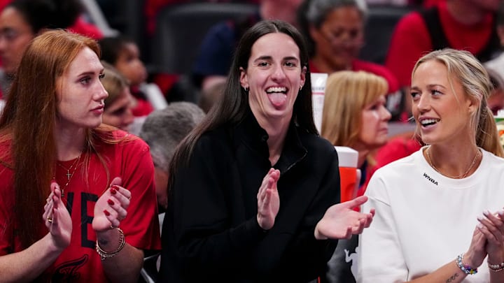 Indiana Fever guard Caitlin Clark (22) reacts from the bench during Game 4 of the WNBA semifinals against the Las Vegas Aces on Sunday, Sept. 28, 2025, at Gainbridge Fieldhouse in Indianapolis.