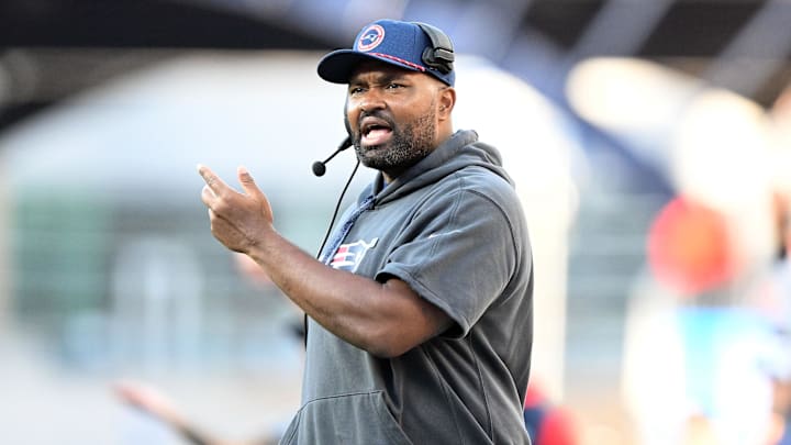 Oct 27, 2024; Foxborough, Massachusetts, USA; New England Patriots head coach Jerod Mayo calls a play against the New York Jets during the second half at Gillette Stadium.